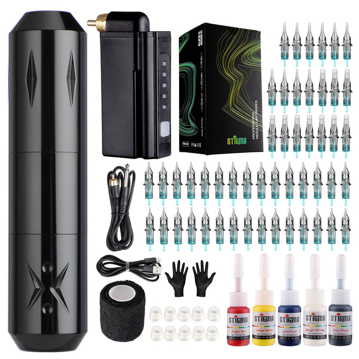 STIGMA Wireless Tattoo Machine Kit For Beginners With 1 Battery 50Pcs Tattoo Needles