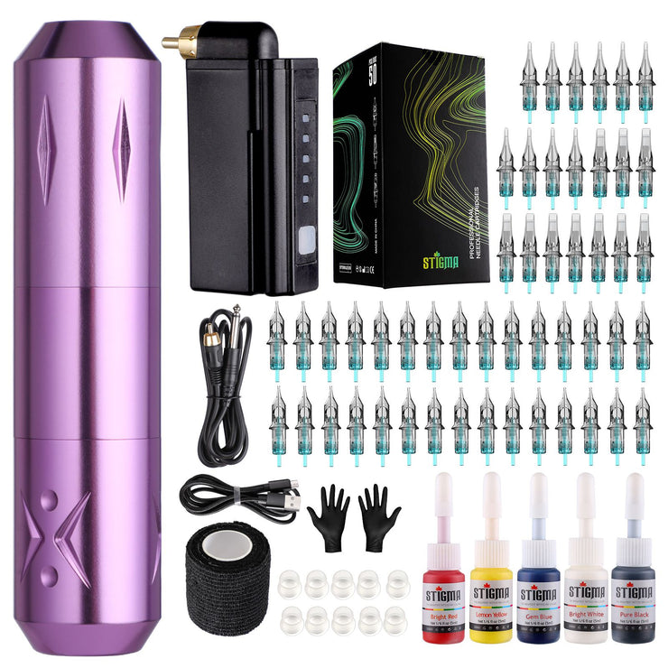 STIGMA Wireless Tattoo Machine Kit For Beginners With 1 Battery 50Pcs Tattoo Needles